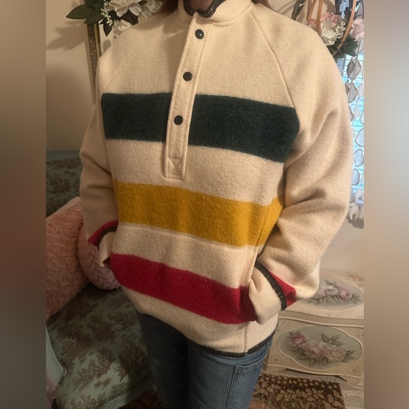 Vintage iconic Lands End Hudson Bay stripe wool pullover blanket sweater coat - Picture 2 of 5